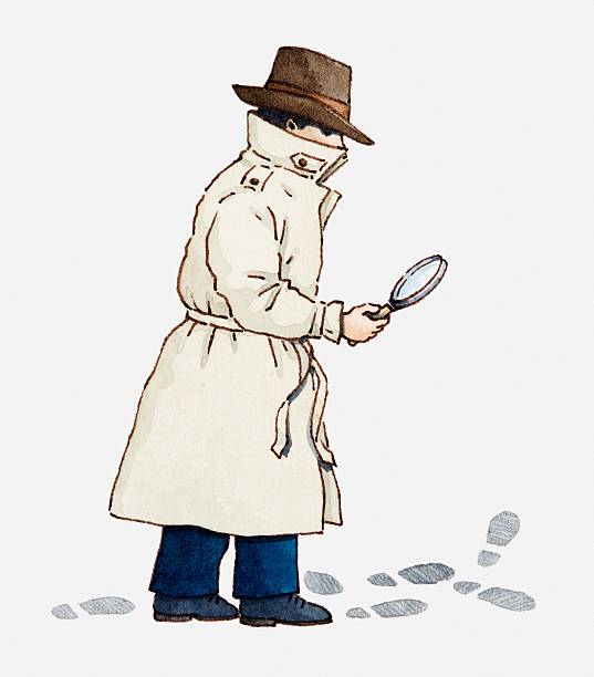 Clip art image of a private investigator wearing a tan trench coat and brown hat and searching footprints on the ground with a magnifying glass.